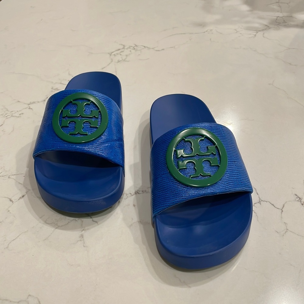 Tory Burch royal blue rubber slides